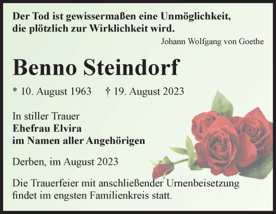Traueranzeige von Benno Steindorf von Volksstimme Burg/Genthin