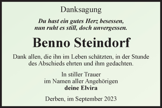 Traueranzeige von Benno Steindorf von Volksstimme Burg/Genthin