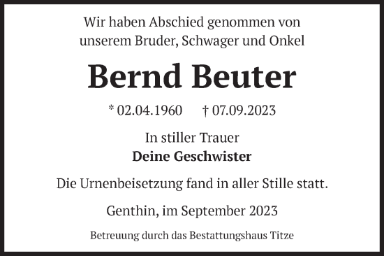 Traueranzeige von Bernd Beuter von Volksstimme Burg/Genthin