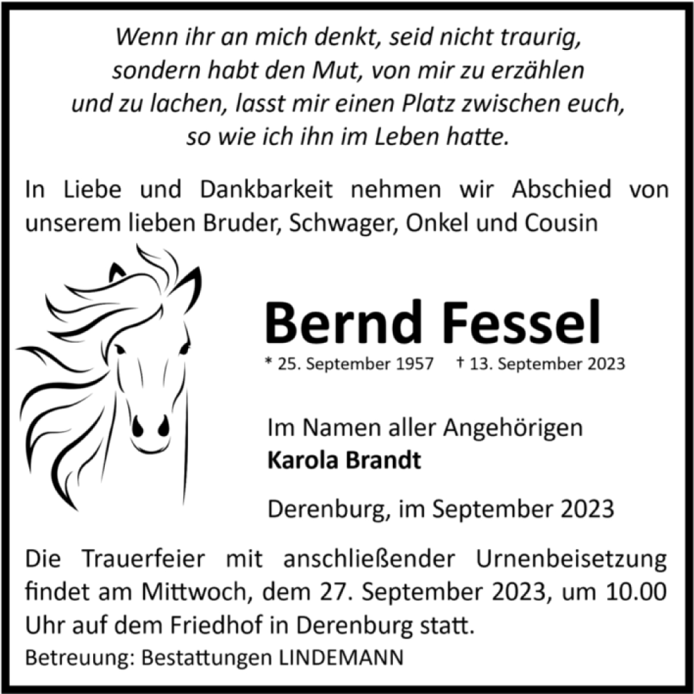  Traueranzeige für Bernd Fessel vom 16.09.2023 aus Volksstimme Wernigerode