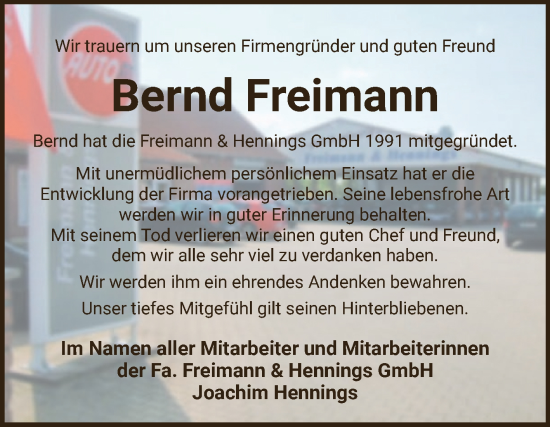 Traueranzeige von Bernd Freimann von Volksstimme Altmark Ost