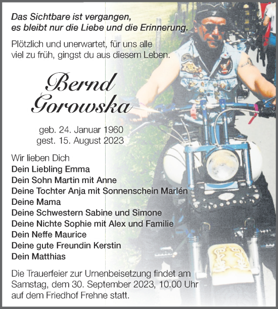 Traueranzeige von Bernd Gorowska von Mitteldeutsche Zeitung Mansfelder Land