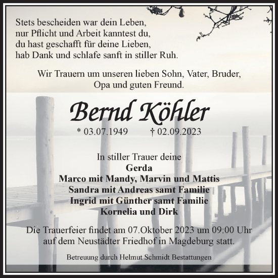 Traueranzeige von Bernd Köhler von Volksstimme Magdeburg