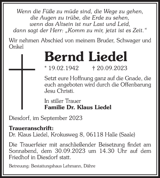 Traueranzeige von Bernd Liedel von Volksstimme Altmark West