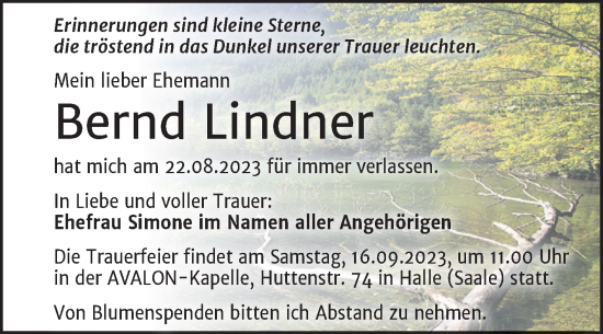 Traueranzeige von Bernd Lindner von Mitteldeutsche Zeitung Halle/Saalkreis