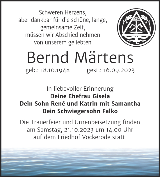 Traueranzeige von Bernd Märtens von Trauerkombi Wittenberg
