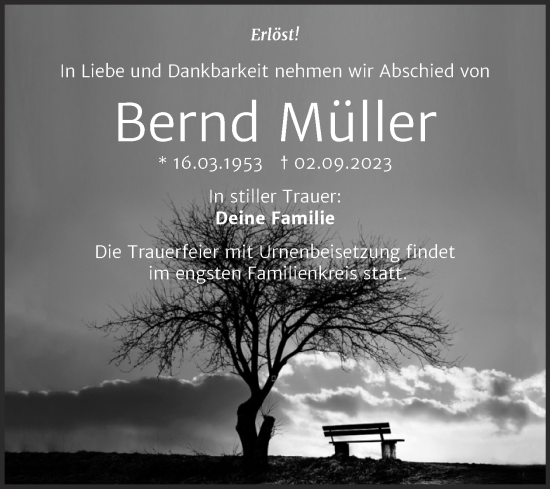Traueranzeige von Bernd Müller von Trauerkombi Bitterfeld