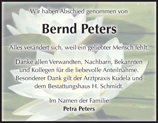 Traueranzeige von Bernd Peters von Volksstimme Magdeburg