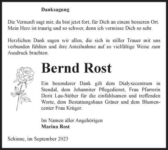 Traueranzeige von Bernd Rost von Volksstimme Altmark Ost