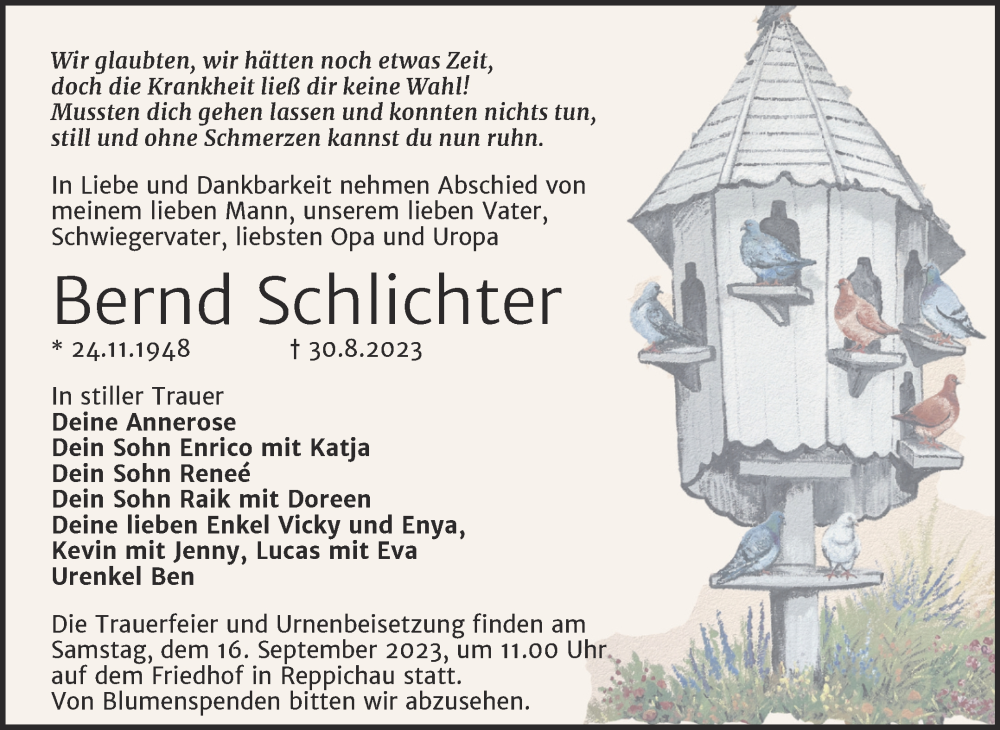  Traueranzeige für Bernd Schlichter vom 02.09.2023 aus Trauerkombi Köthen