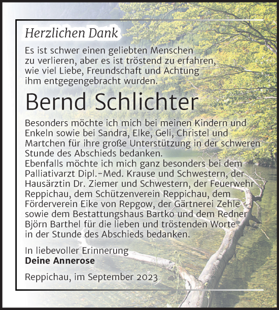 Traueranzeige von Bernd Schlichter von Trauerkombi Köthen