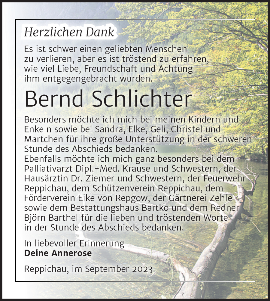  Traueranzeige für Bernd Schlichter vom 22.09.2023 aus Trauerkombi Köthen