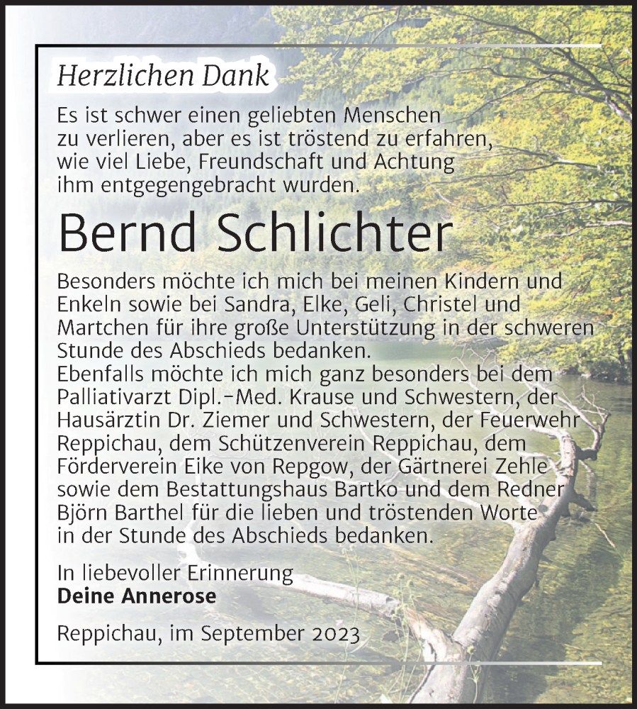  Traueranzeige für Bernd Schlichter vom 23.09.2023 aus Trauerkombi Köthen