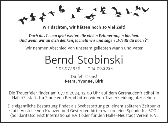 Traueranzeige von Bernd Stobinski von Mitteldeutsche Zeitung Halle/Saalkreis