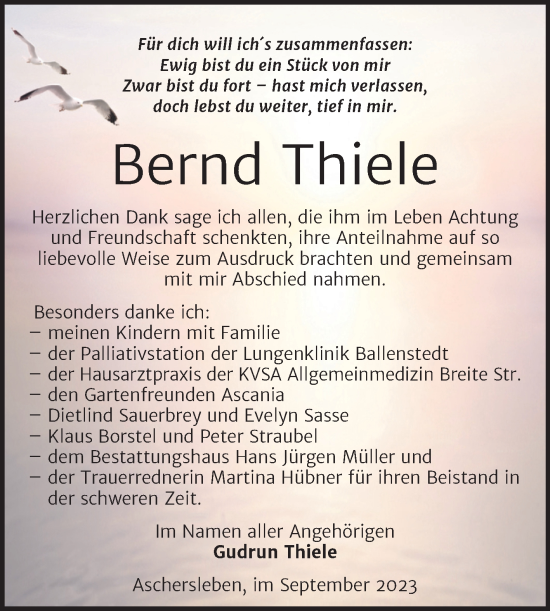 Traueranzeige von Bernd Thiele von Trauerkombi Aschersleben