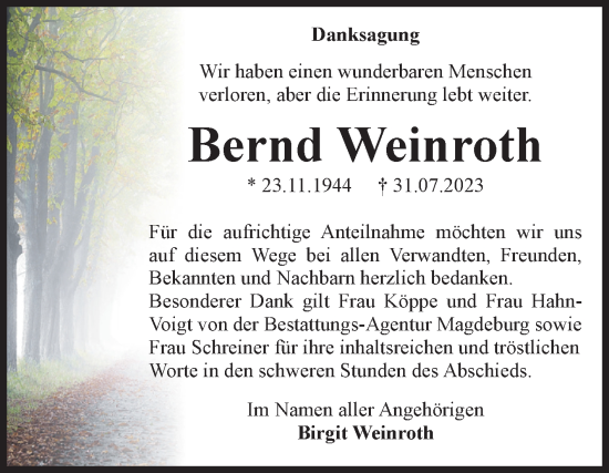 Traueranzeige von Bernd Weinroth von Volksstimme Magdeburg