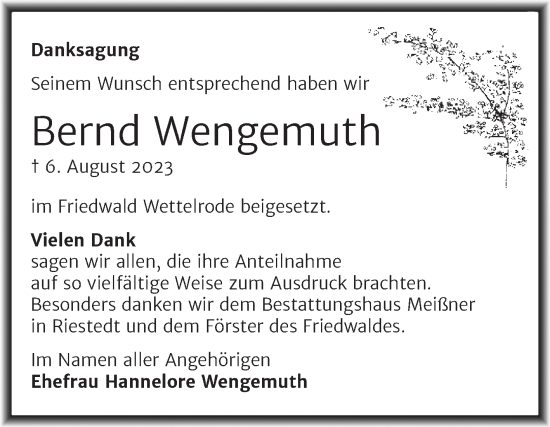 Traueranzeige von Bernd Wengemuth von Trauerkombi Sangerhausen