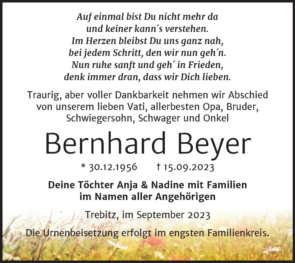  Traueranzeige für Bernhard Beyer vom 30.09.2023 aus Trauerkombi Wittenberg
