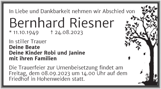 Traueranzeige von Bernhard Riesner von Trauerkombi Merseburg