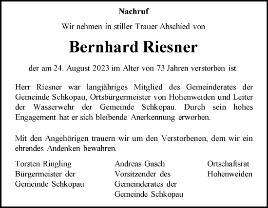 Traueranzeige von Bernhard Riesner von Mitteldeutsche Zeitung Merseburg/Querfurt