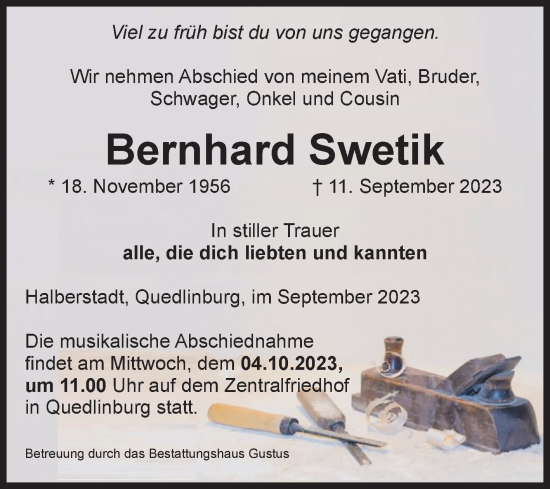 Traueranzeige von Bernhard Swetik von Volksstimme Halberstadt