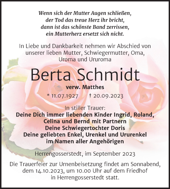 Traueranzeige von Berta Schmidt von Wochenspiegel Naumburg/Nebra