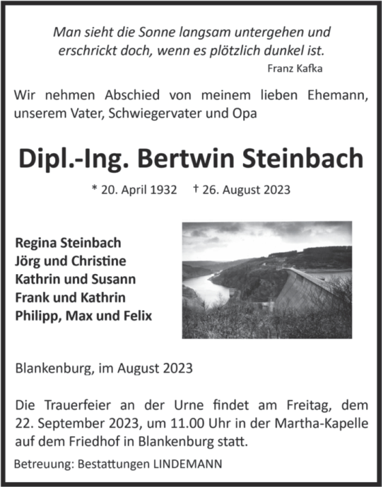 Traueranzeige von Bertwin Steinbach von Volksstimme Wernigerode