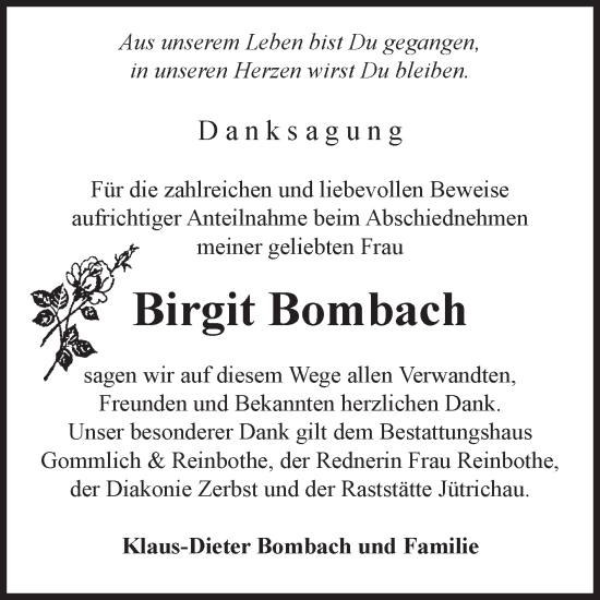 Traueranzeige von Birgit Bombach von Volksstimme Zerbst