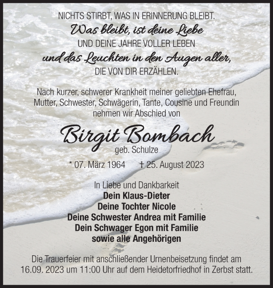 Traueranzeige von Birgit Bombach von Volksstimme Zerbst