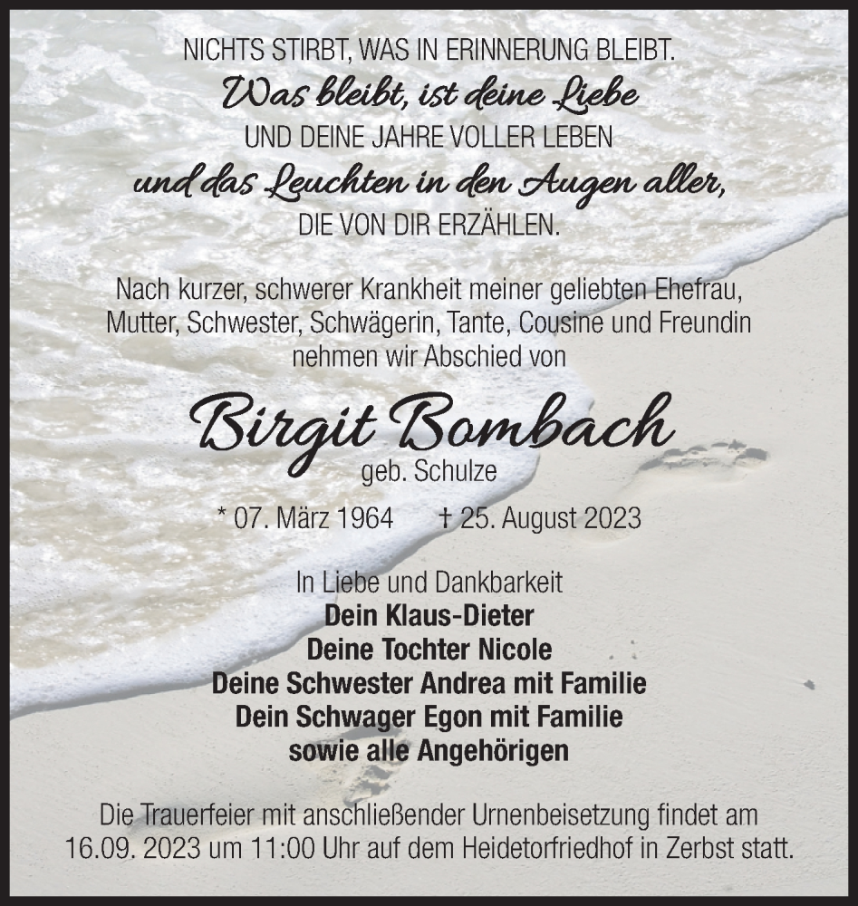  Traueranzeige für Birgit Bombach vom 02.09.2023 aus Volksstimme Zerbst