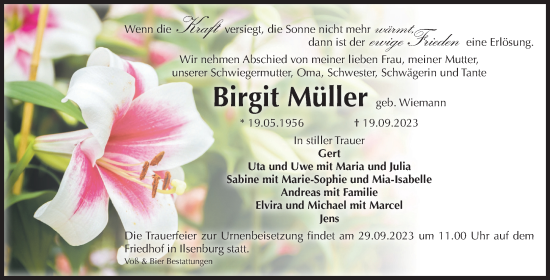 Traueranzeige von Birgit Müller von Volksstimme Wernigerode