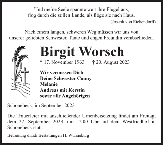 Traueranzeige von Birgit Worsch von Volksstimme Schönebeck