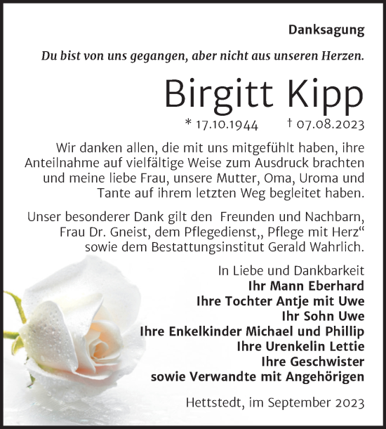 Traueranzeige von Birgitt Kipp von Trauerkombi Mansfelder Land