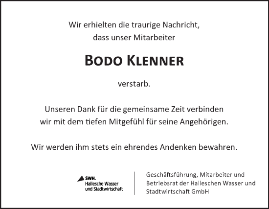 Traueranzeige von Bodo Klenner von Mitteldeutsche Zeitung Halle/Saalkreis