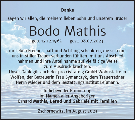 Traueranzeige von Bodo Mathis von Trauerkombi Wittenberg