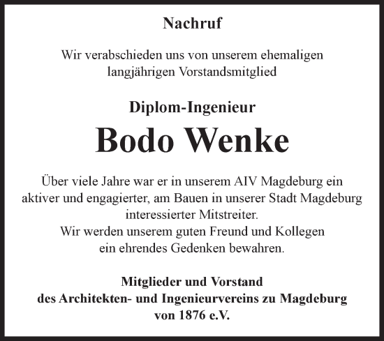 Traueranzeige von Bodo Wenke von Volksstimme Magdeburg