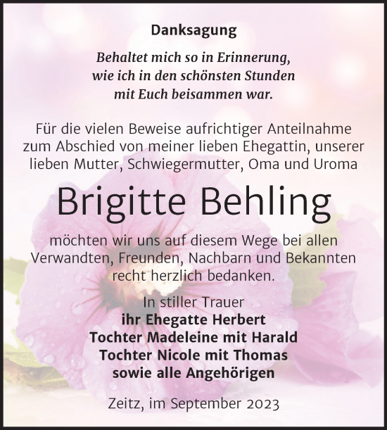 Traueranzeige von Brigitte Behling von Trauerkombi Zeitz