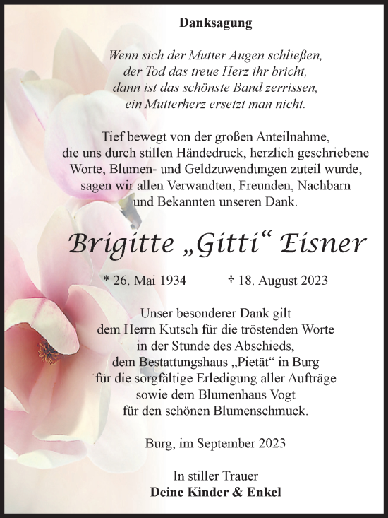 Traueranzeige von Brigitte Eisner von Volksstimme Burg/Genthin