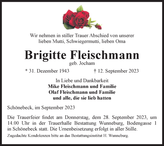 Traueranzeige von Brigitte Fleischmann von Volksstimme Schönebeck