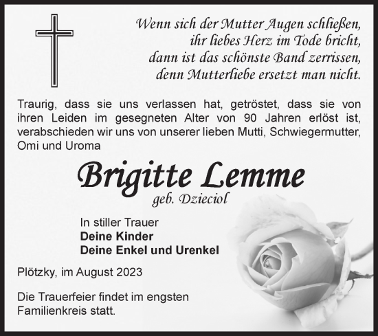 Traueranzeige von Brigitte Gemme von Volksstimme Burg/Genthin