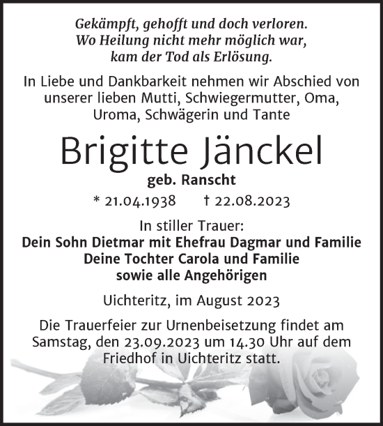 Traueranzeige von Brigitte Jänckel von Trauerkombi Weißenfels