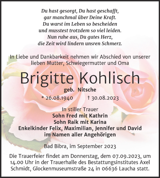 Traueranzeige von Brigitte Kohlisch von Naumburger Tageblatt
