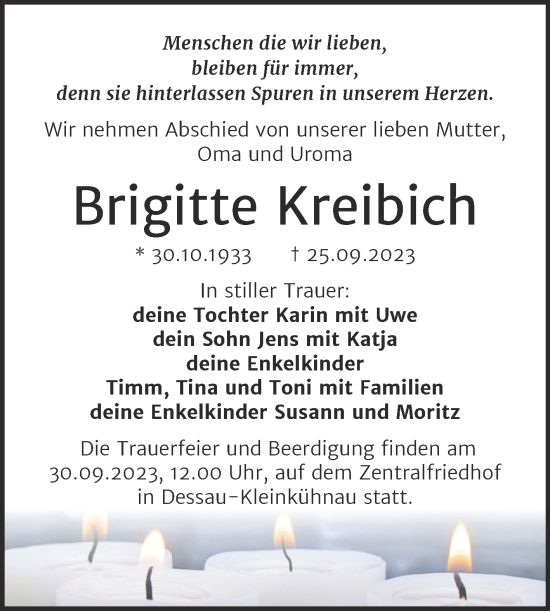 Traueranzeige von Brigitte Kreibich von Mitteldeutsche Zeitung Dessau-Roßlau