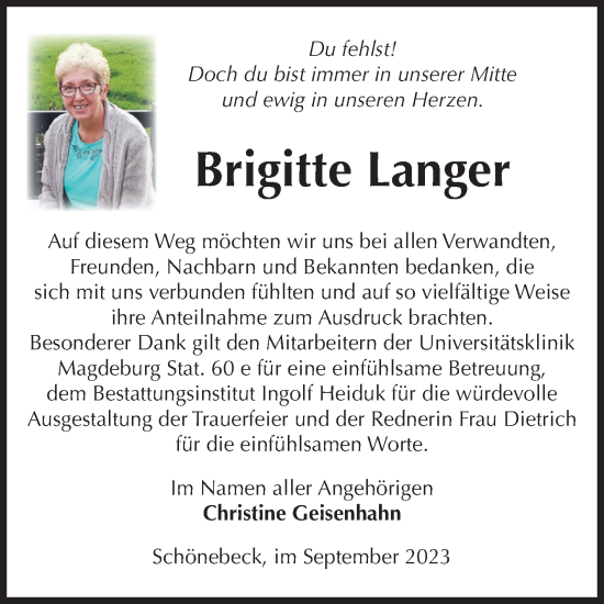 Traueranzeige von Brigitte Langer von Volksstimme Schönebeck