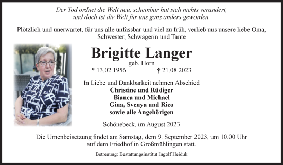 Traueranzeige von Brigitte Langer von Volksstimme Schönebeck