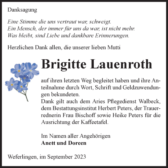 Traueranzeige von Brigitte Lauenroth von Volksstimme Haldensleben/Wolmirstedt
