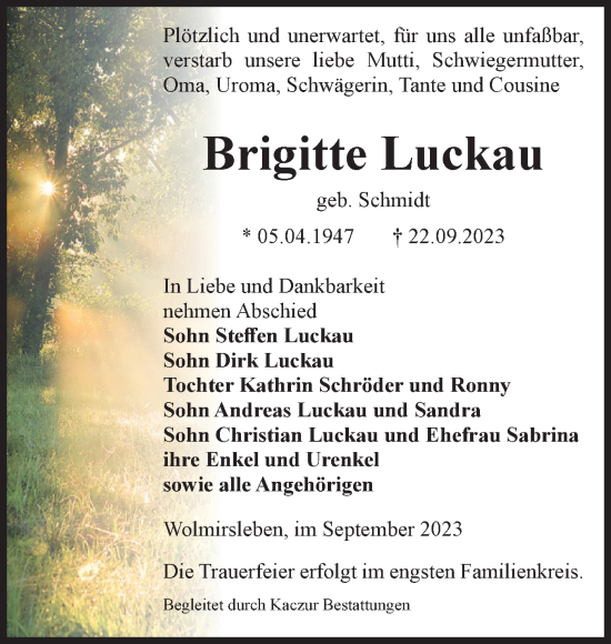 Traueranzeige von Brigitte Luckau von Volksstimme Staßfurt