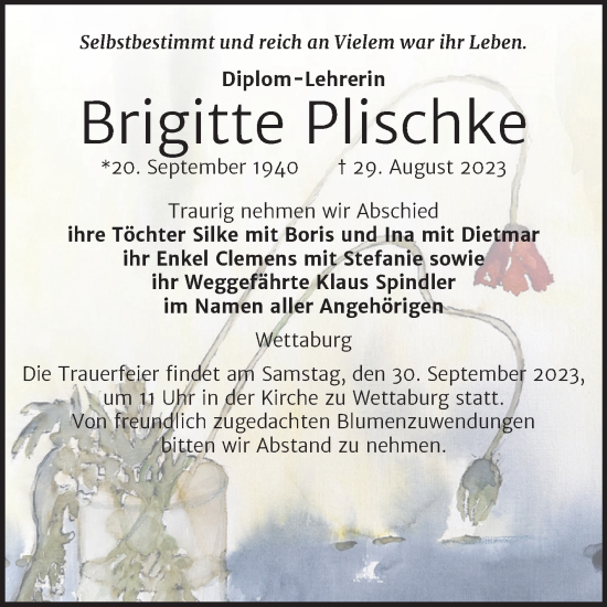 Traueranzeige von Brigitte Plischke von Mitteldeutsche Zeitung Bitterfeld