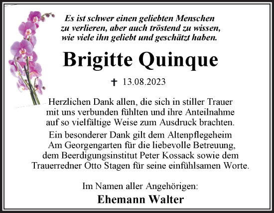 Traueranzeige von Brigitte Quinque von Trauerkombi Dessau
