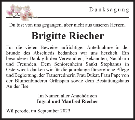Traueranzeige von Brigitte Riecher von Volksstimme Halberstadt